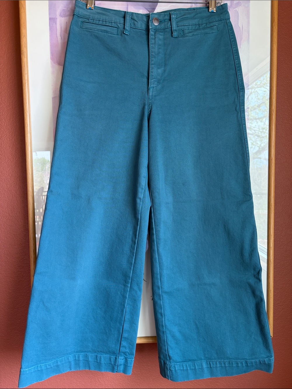 Oat NY high rise, wide leg crop in washed teal, size 28